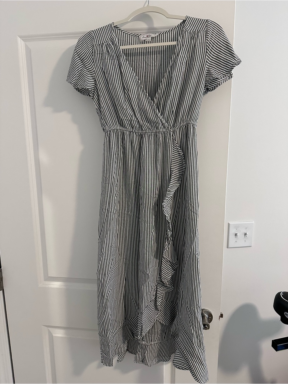 Black and White Striped Wrap Maxi Dress with Ruffle Detail